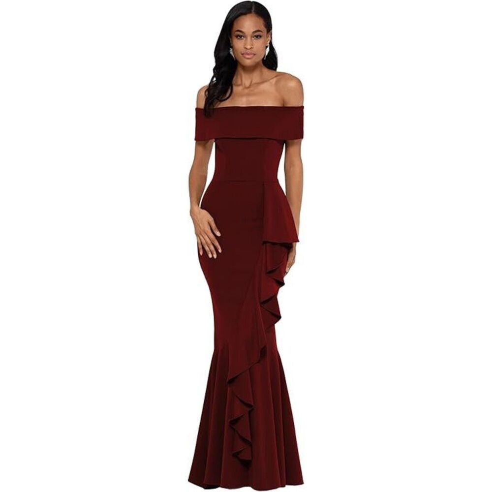 Betsy & Adam Long Off Shoulder Cascade Ruffle Stretch Scuba Crepe Gown, 6P
